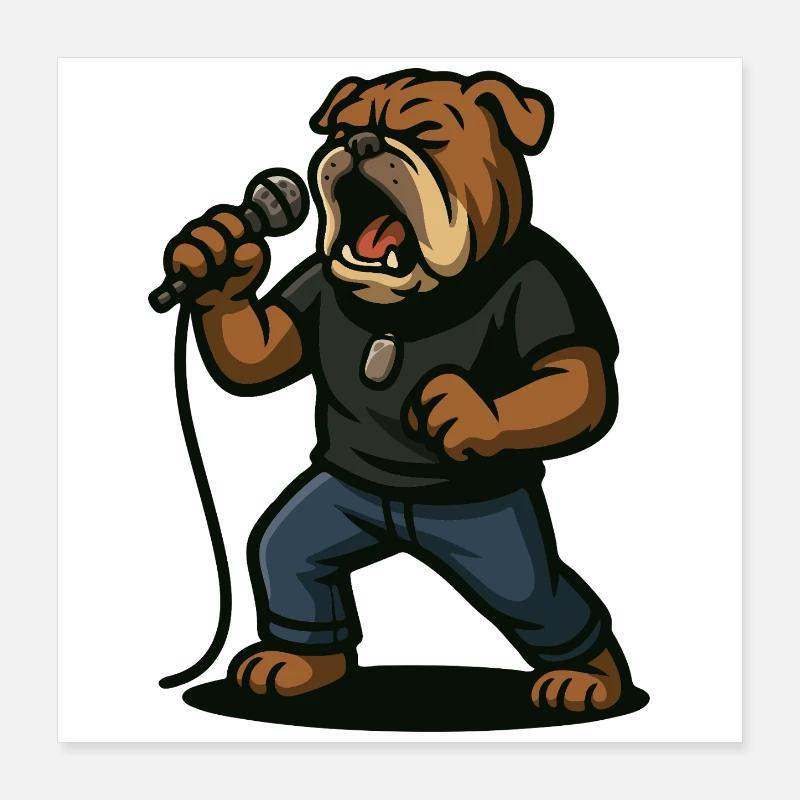 Rock Singer Bulldog with Microphone Art Poster 16" x 16" (40x40 cm)