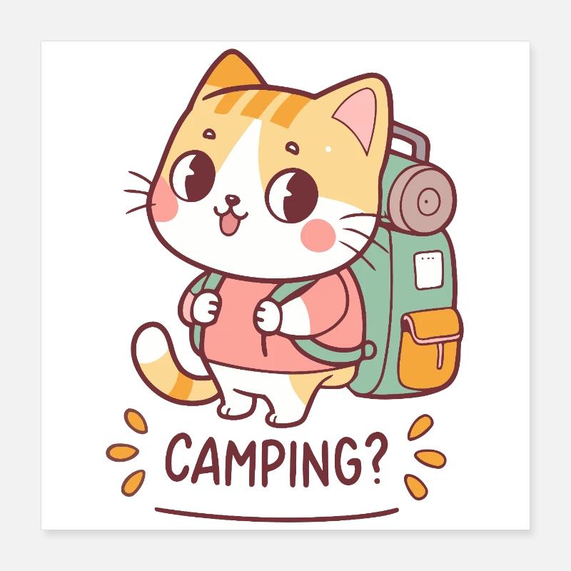 Chat Campeur Kawaii et Backpack Poster 40 x 40 cm