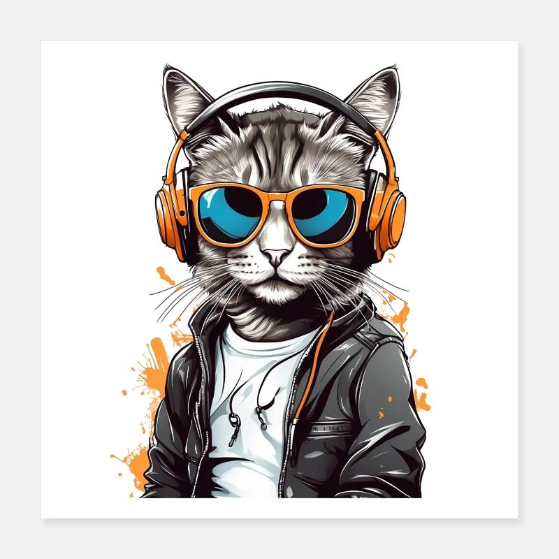 Katzen-DJ mit Kopfhörern Poster 40x40 cm