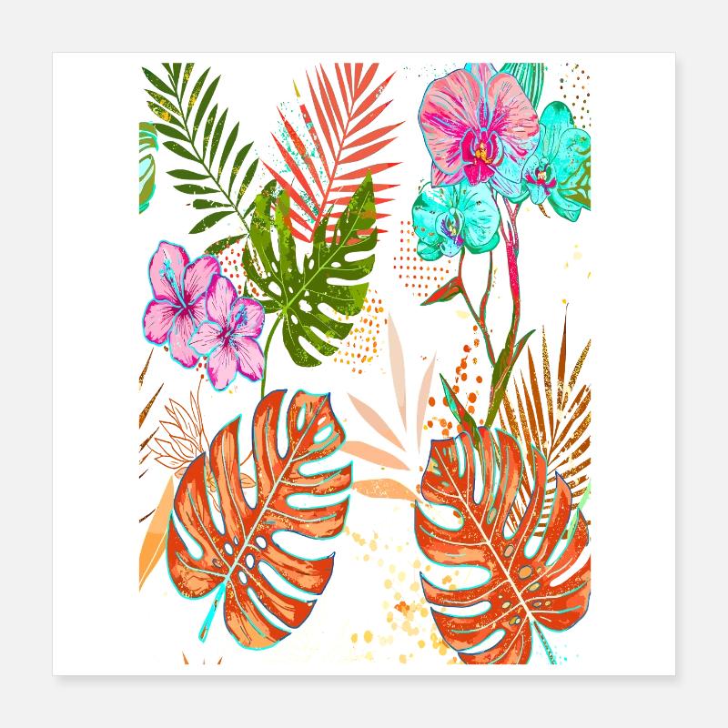 Exotic Monstera Tropical Pattern with Flowers Poster 16" x 16" (40x40 cm)