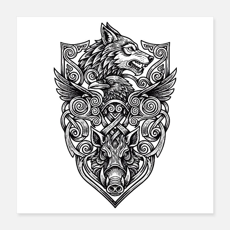 Viking Totem: Wolf • Raven • Boar Poster 16" x 16" (40x40 cm)