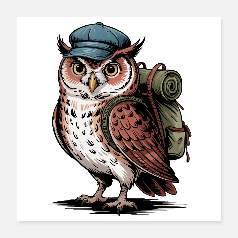 Wandernde Eule mit Rucksack Poster 40x40 cm