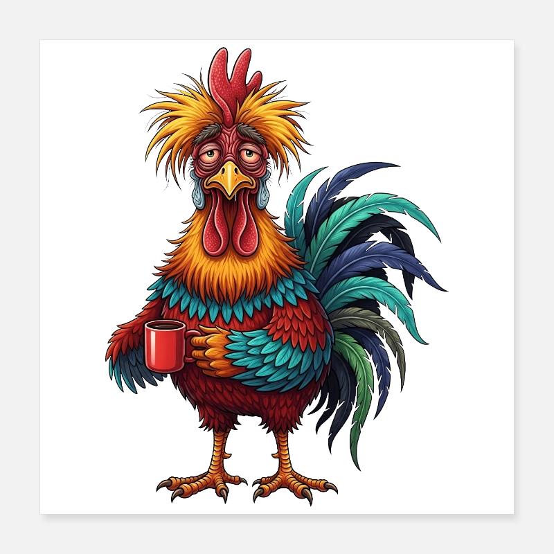 Lebhafter Hahn mit Kaffeetasse Poster 40x40 cm