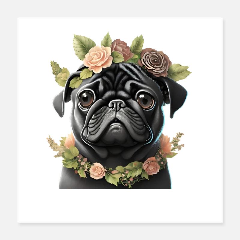 Mops mit Kranz Poster 40x40 cm