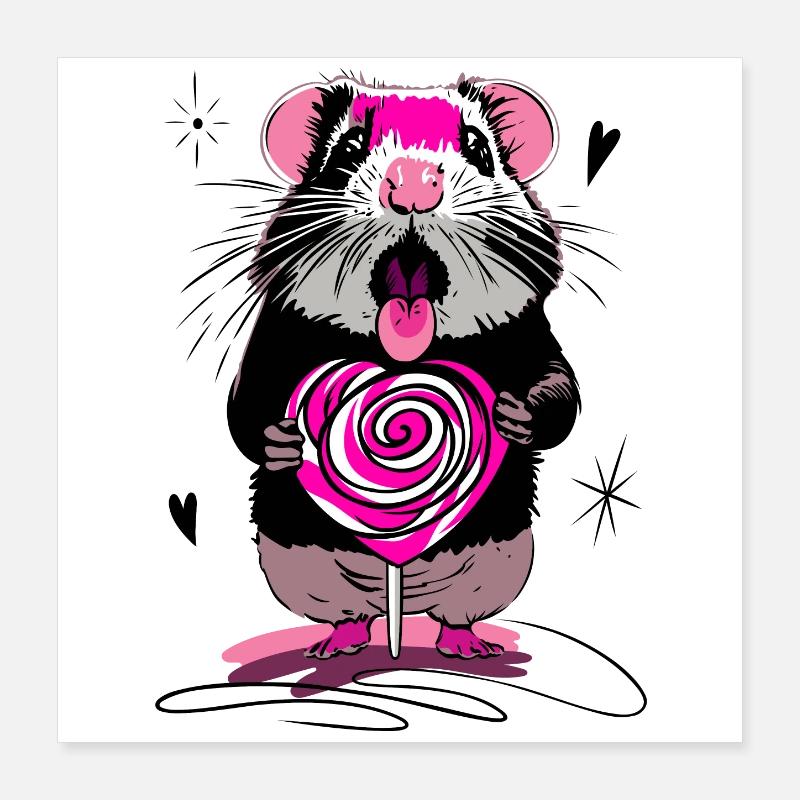 Hamster enjoys lollipop – cute, funny design Poster 16" x 16" (40x40 cm)