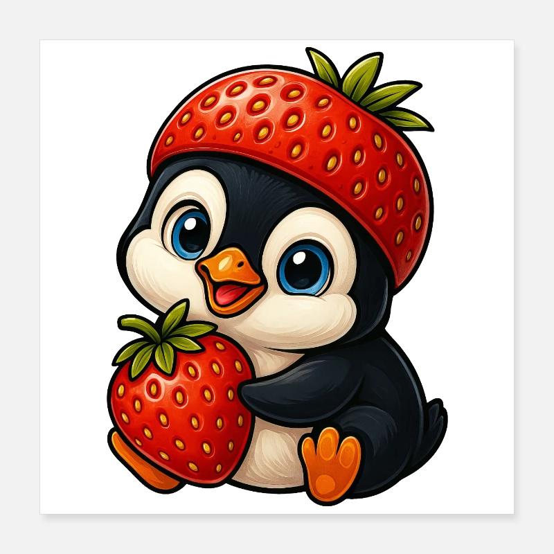 Funny Penguin with Strawberry in Hat Fruity Poster 16" x 16" (40x40 cm)