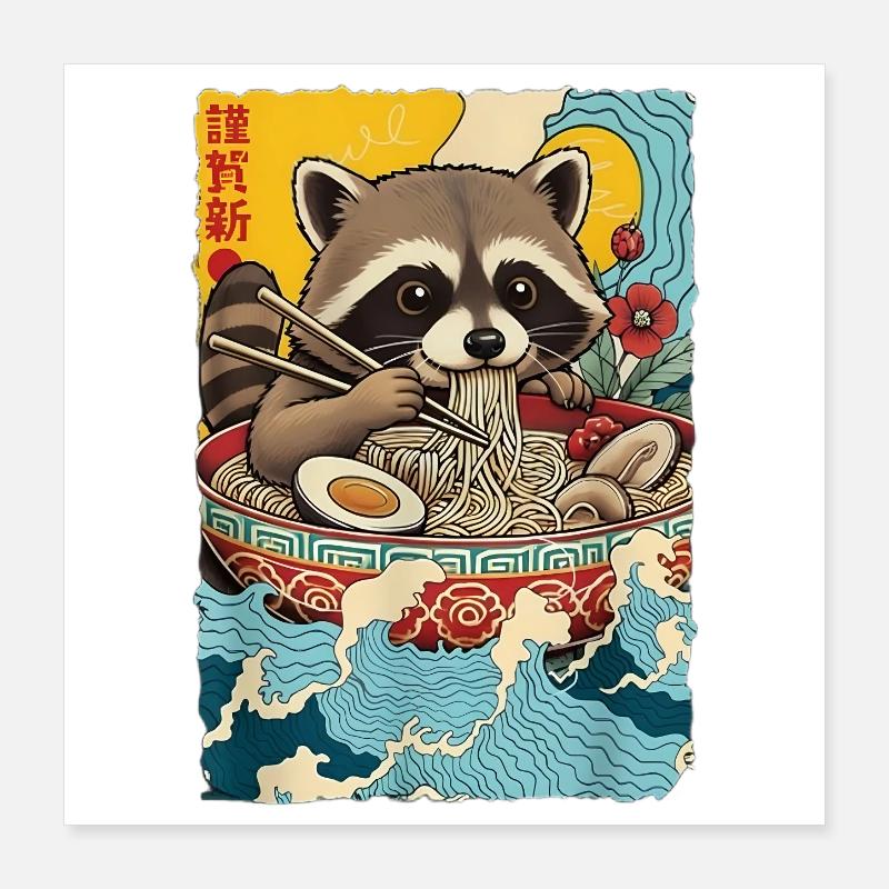 Waschbaer eats ramen noodles Poster 16" x 16" (40x40 cm)