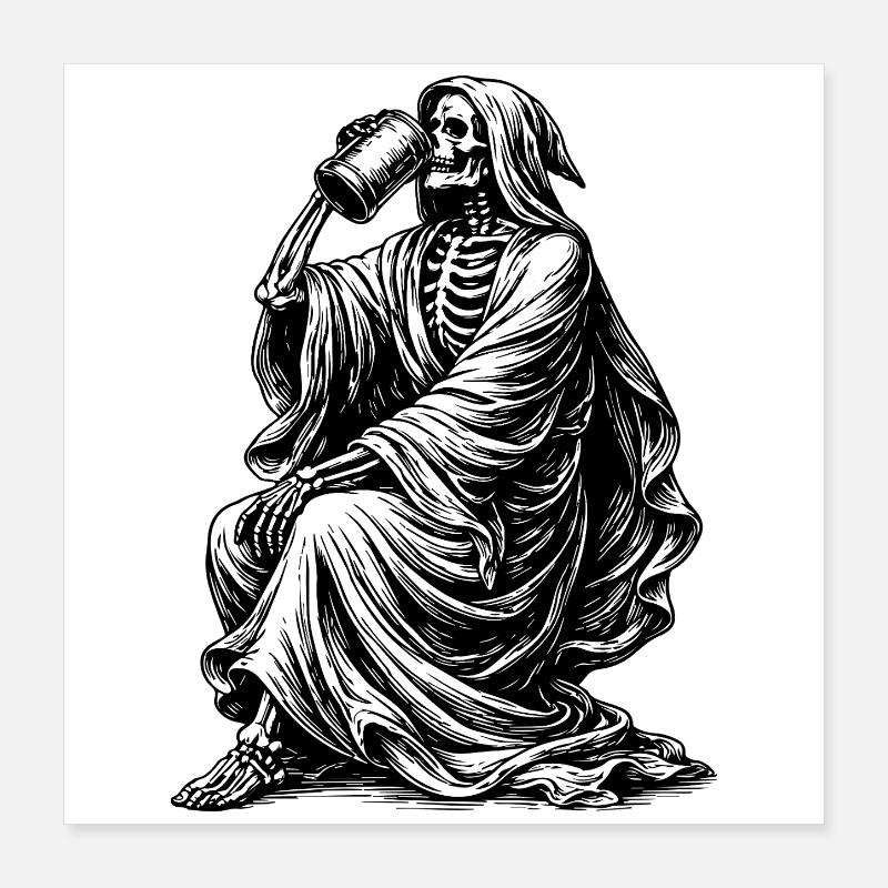 gothic skeleton drinking beer drawing Poster 16" x 16" (40x40 cm)