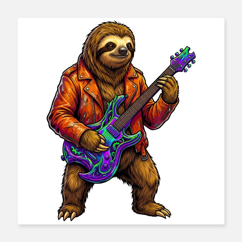 Faultier in Lederjacke mit Neon E-Gitarre Poster 40x40 cm