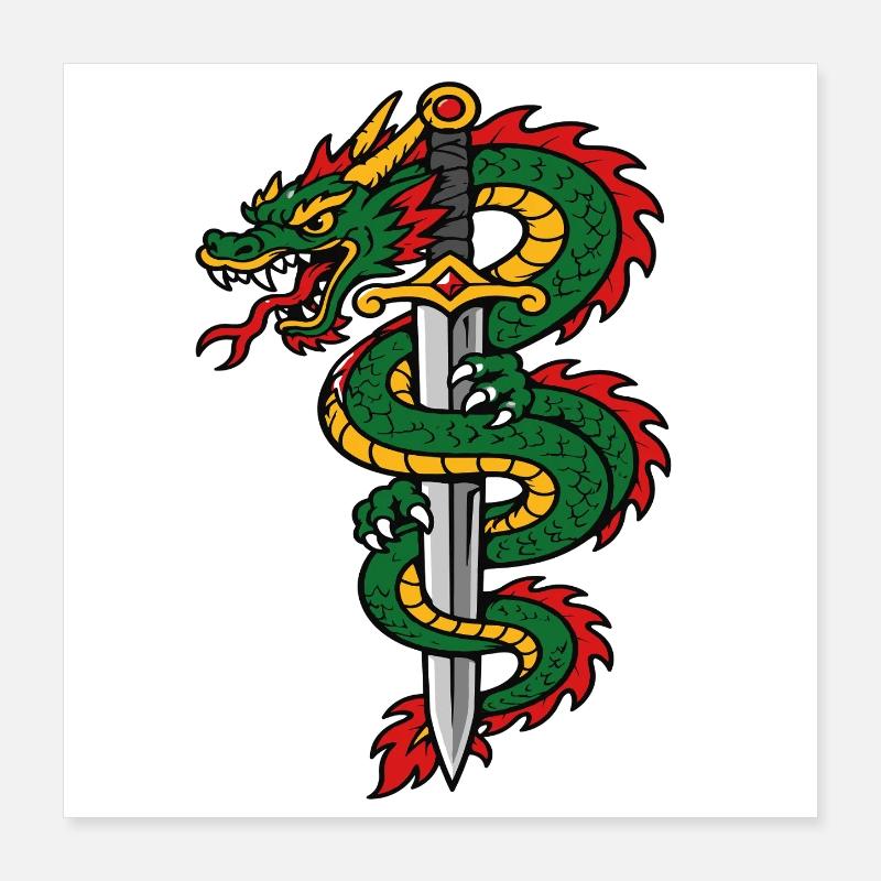Dragon enroulé autour épée style tattoo Poster 40 x 40 cm