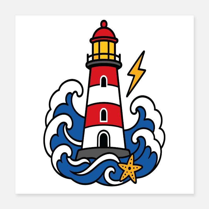 Marine lighthouse and waves tattoo style Poster 16" x 16" (40x40 cm)