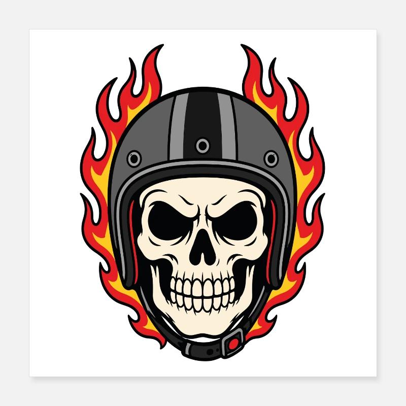Flammender Totenkopf mit Motorradhelm Poster 40x40 cm