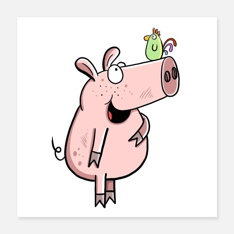 Pig With Rooster I Comic Children Farm Wutz Fun Poster 16" x 16" (40x40 cm)