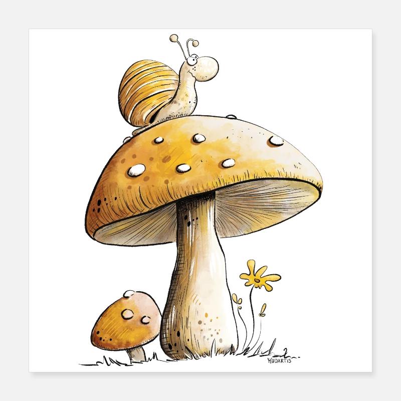 Escargot Sur Champignon Nature Forêt Conte de Fées Poster 40 x 40 cm
