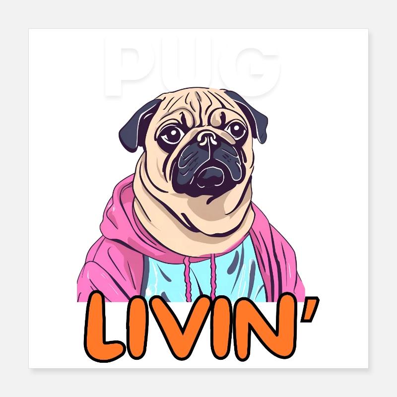 Humorvolle Mops-Karikatur im Kapuzenpullover Poster 40x40 cm