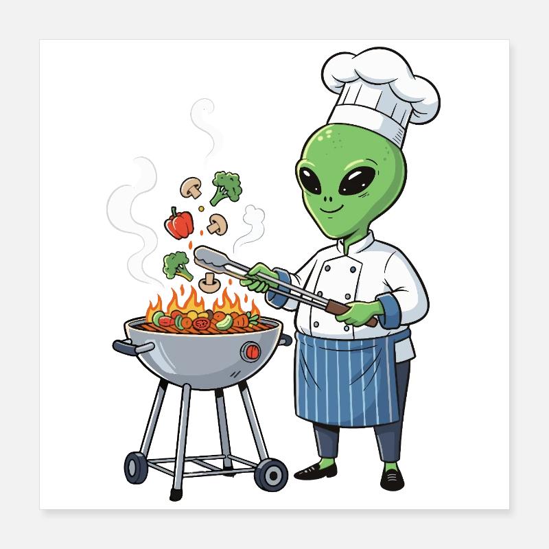 Alien chef grilling vegetables Poster 16" x 16" (40x40 cm)
