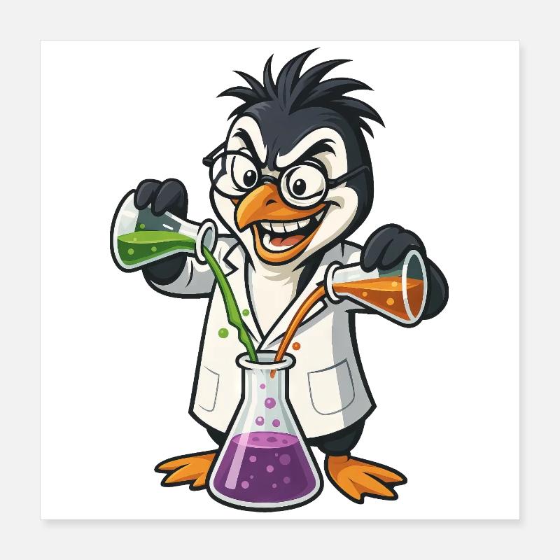 Crazy Professor Penguin Chemistry Nerd Experiment Poster 40 x 40 cm
