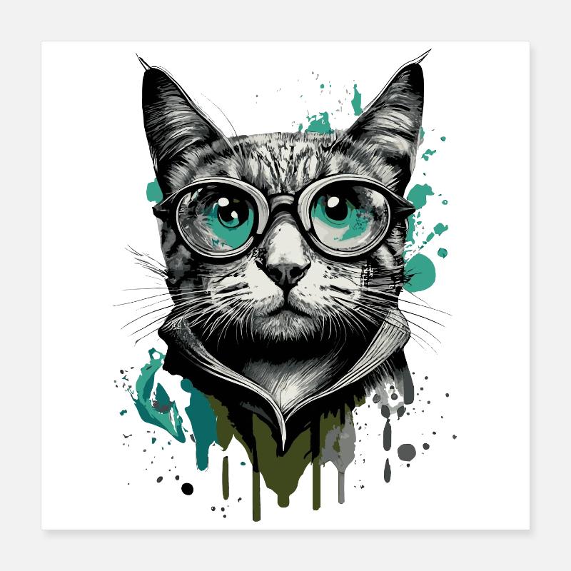 Chat à lunettes - Nerd Cat - Visage de chat Poster 40 x 40 cm
