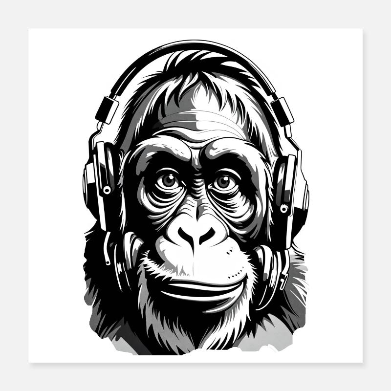 Musik Affe Gorilla mit Kopfhoerer als Geschenkidee Poster 40x40 cm