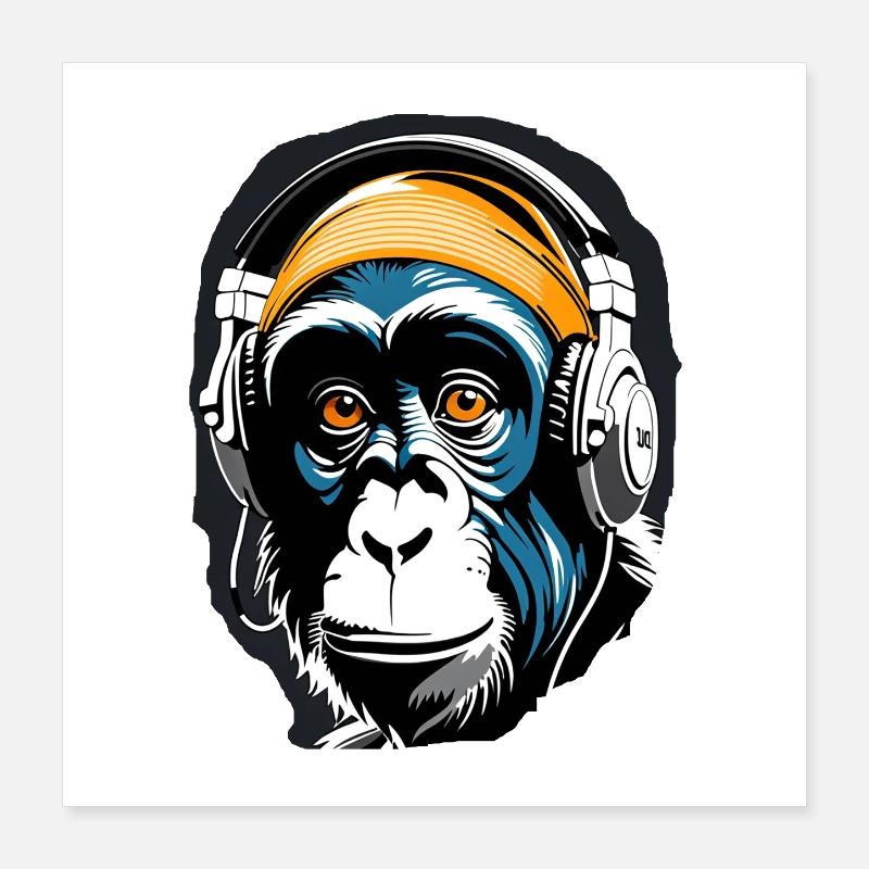 Musique Monkey Chimpanzee Casque comme idée cadeau Poster 40 x 40 cm