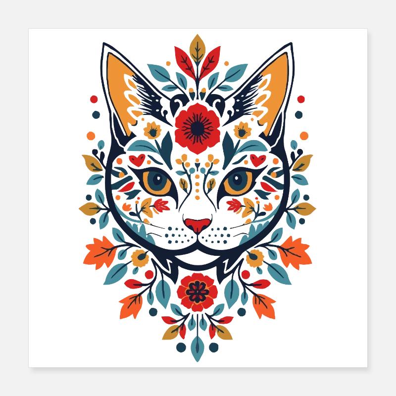 Flower cat in folk style Poster 16" x 16" (40x40 cm)