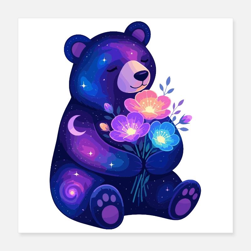 Galactic Bear Friend with Flowers Poster 16" x 16" (40x40 cm)