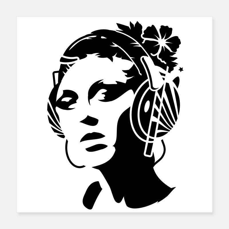 junge Frau mit Kopfhörer und Blume im Haar Poster 40x40 cm
