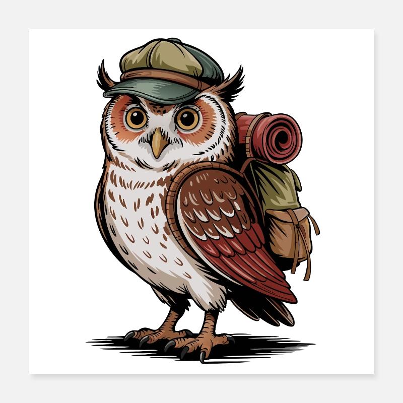 Wandernde Eule mit Rucksack Poster 40x40 cm
