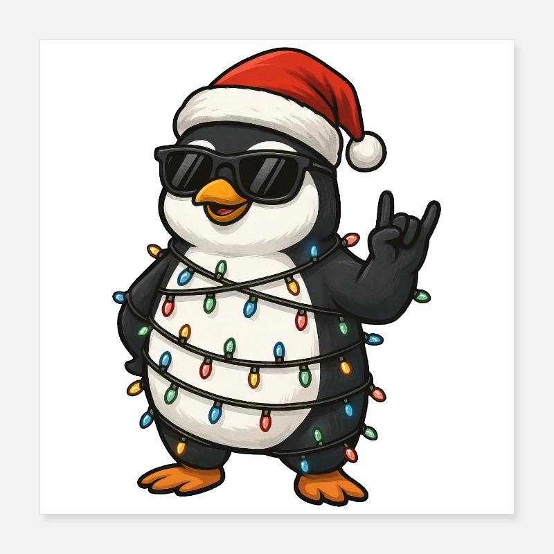 Clumsy Penguin Christmas String Lights Chaos Cool Poster 16" x 16" (40x40 cm)