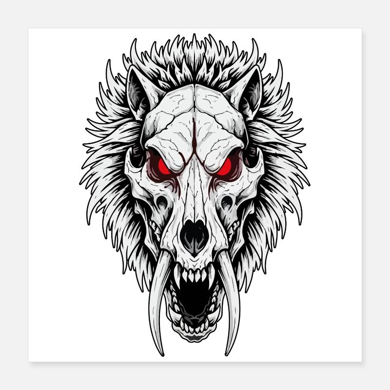 Schamanischer Säbelzahn-Wolfsschädel Rote Augen Poster 40x40 cm