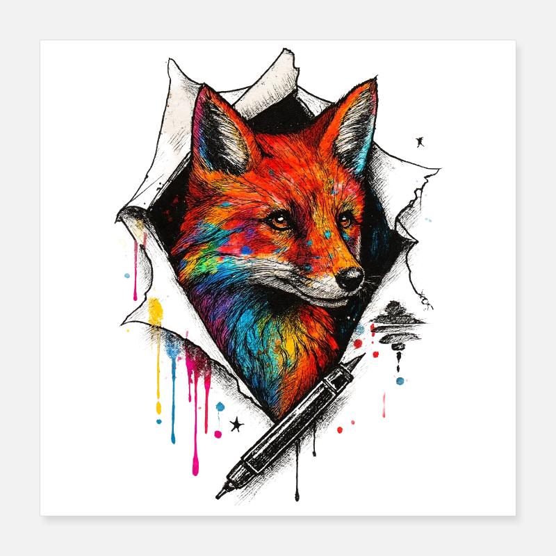 Regenbogenfuchs Kunst mit Farbspritzer Poster 40x40 cm