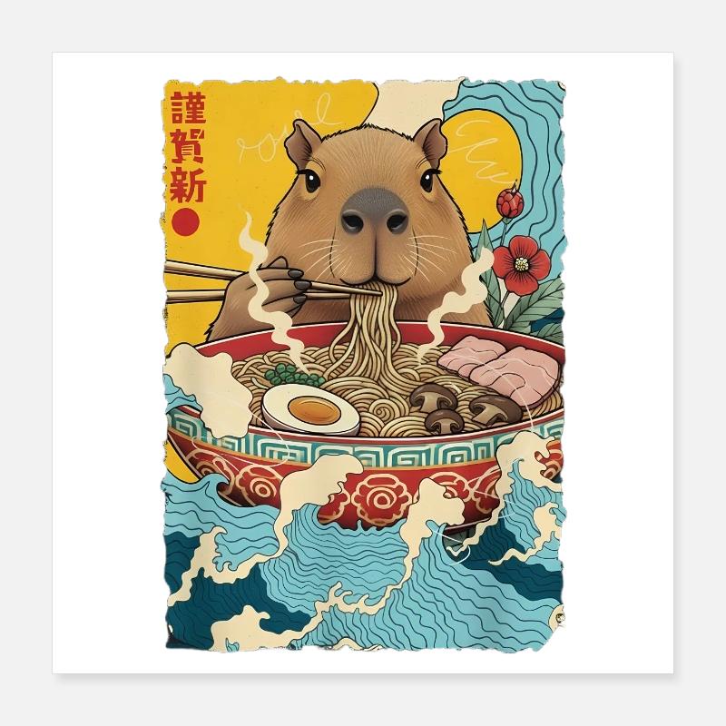 Capybara isst Ramen Nudeln Poster 40x40 cm
