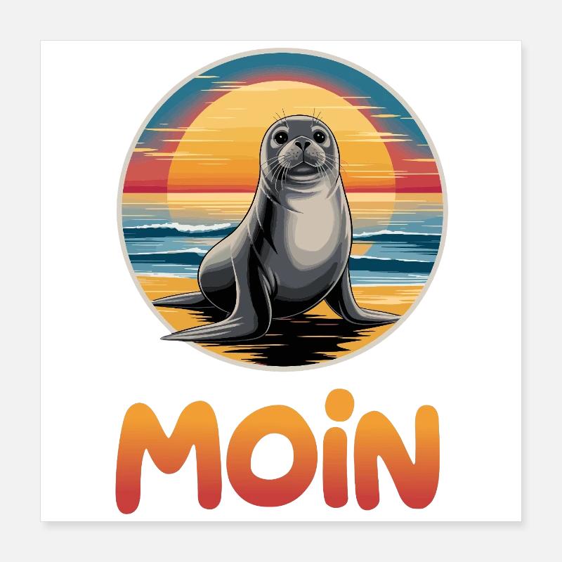 Mignon phoque Moin sur la plage Coucher de soleil Poster 40 x 40 cm