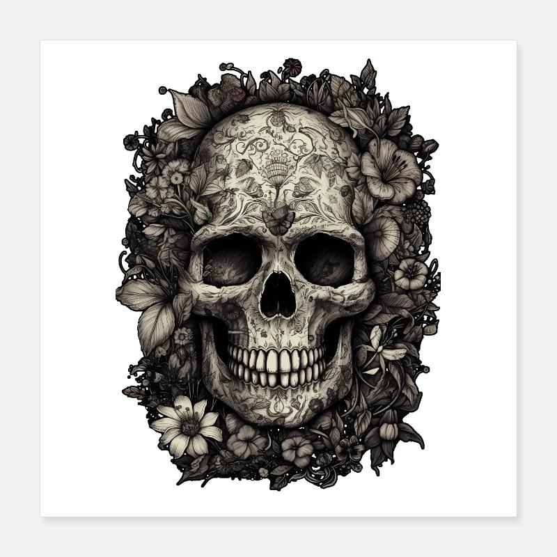 Cooler Boho Totenkopf mit Tattoos und Blumen Poster 40x40 cm