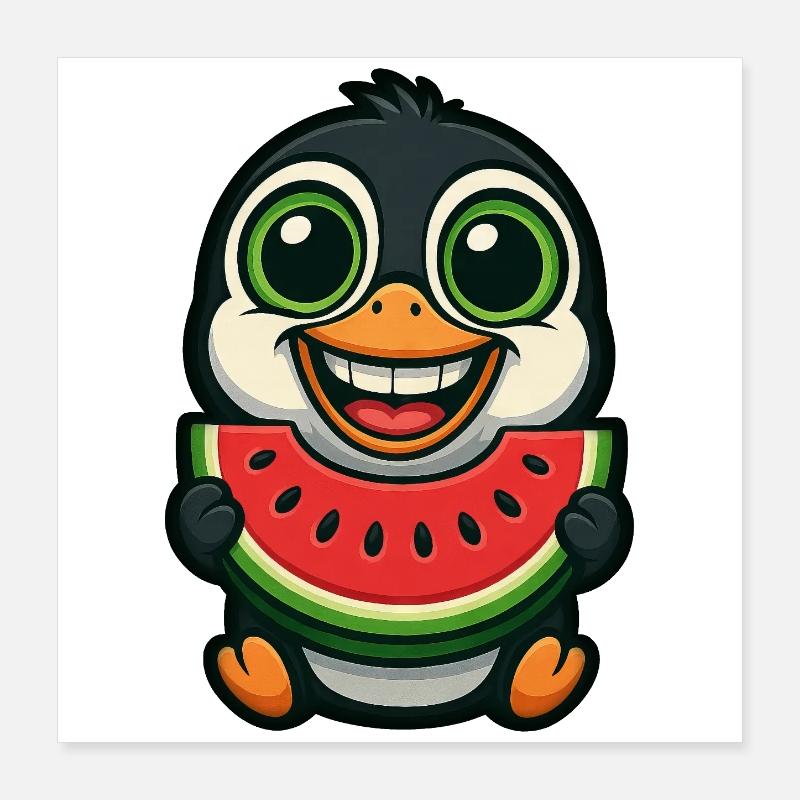 pingouin drôle avec un dessin animé d’été de pastèque Poster 40 x 40 cm