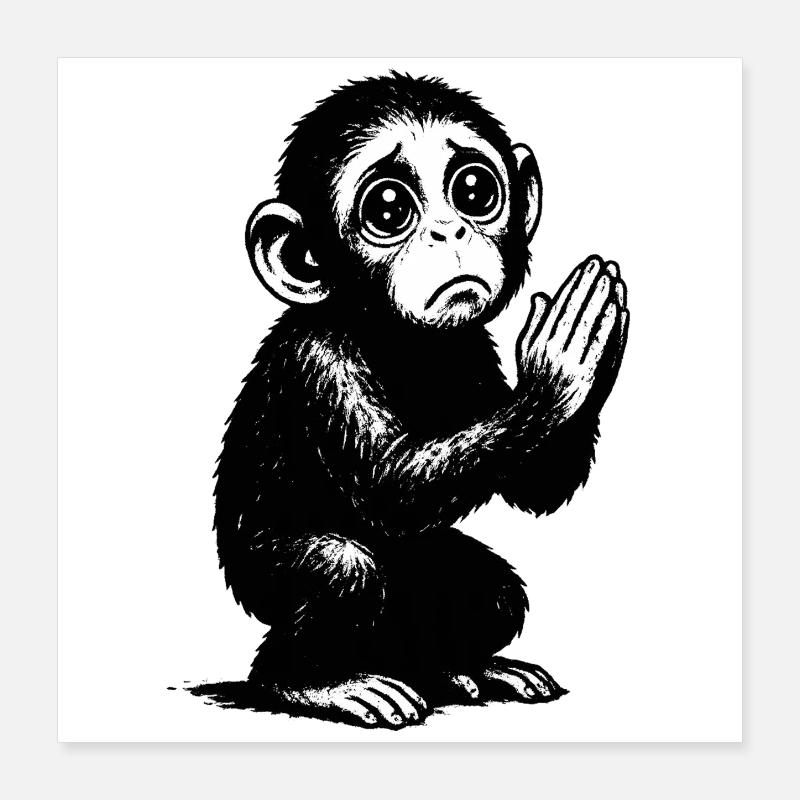 Praying Monkey Black and White Illustration Poster 16" x 16" (40x40 cm)