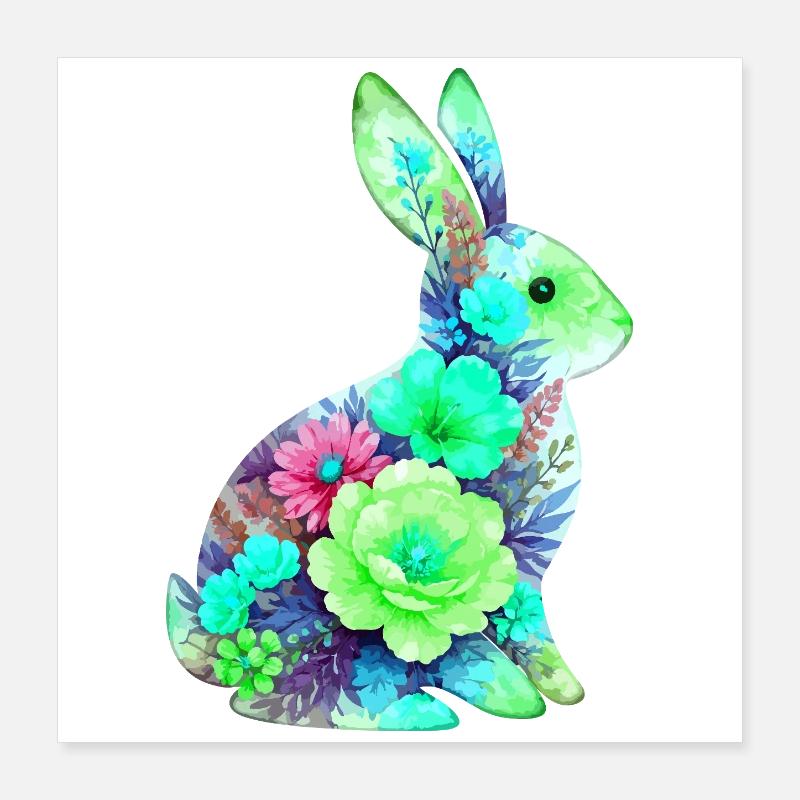 Fleurs aquarelles de lapin à Pâques Poster 40 x 40 cm