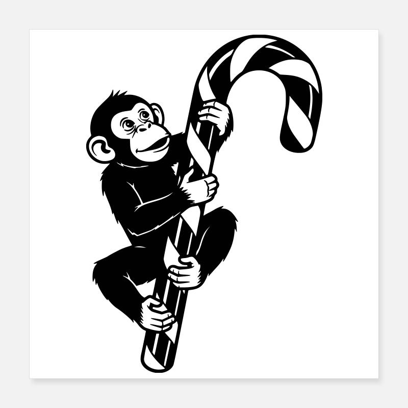 Funny Christmas Monkey with Candy Cane Cartoon Poster 16" x 16" (40x40 cm)