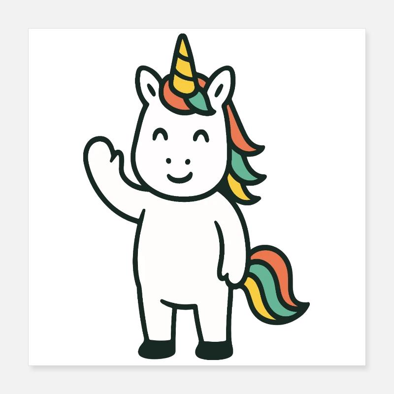 Niedliches Winkendes Einhorn mit buntem Mähnen-Maskottchen Poster 40x40 cm