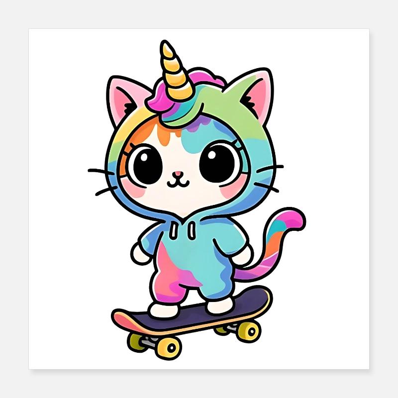 Regenbogen Einhorn Katze Schlittschuh Poster 40x40 cm