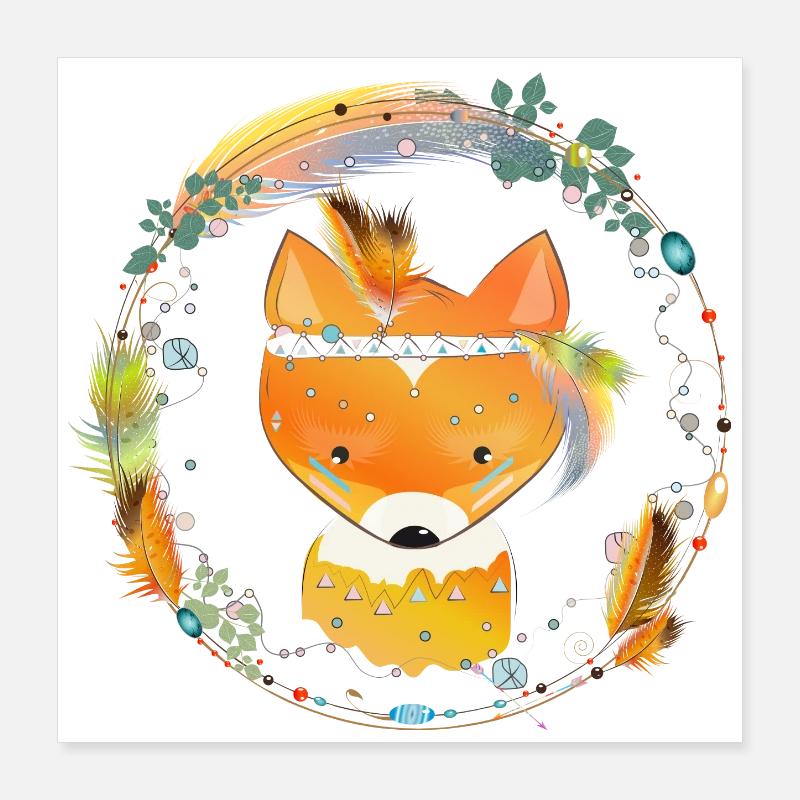 small fox with feather decoration in ethno frame Poster 16" x 16" (40x40 cm)