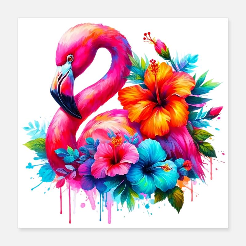 Flamant rose décoré de fleurs d’hibiscus Poster 40 x 40 cm