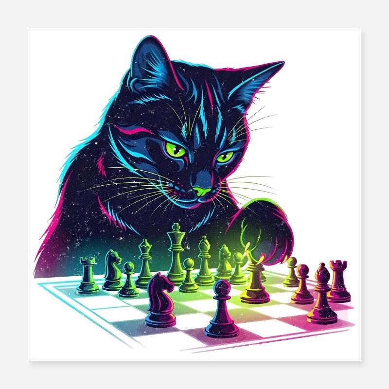 Motif d'échecs chat noir néon Poster 40 x 40 cm