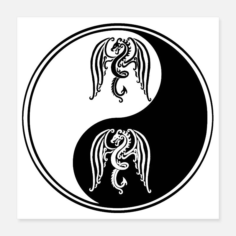 Dragons Yin Yang Black and White Symbol Poster 16" x 16" (40x40 cm)