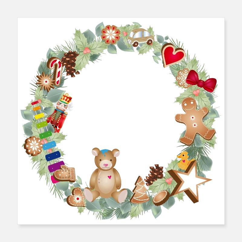 Bunter Weihnachtskranz mit Spielzeug und Lebkuchen Poster 40x40 cm