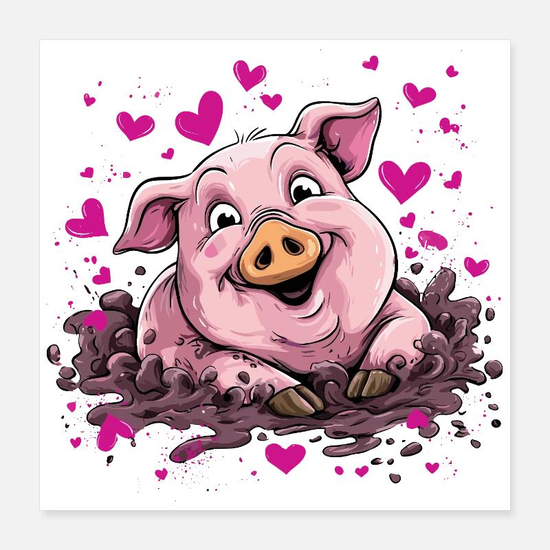 Heart piggy in pink mud Poster 16" x 16" (40x40 cm)
