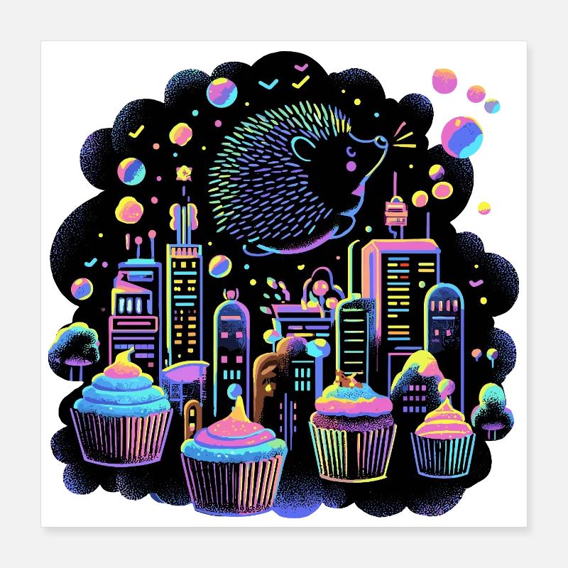 Neon Cupcake Stadt Igel Poster 40x40 cm