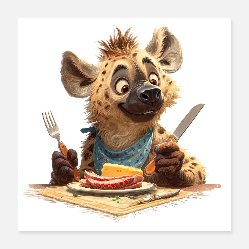 Hungrige Hyäne am Tisch Poster 40x40 cm