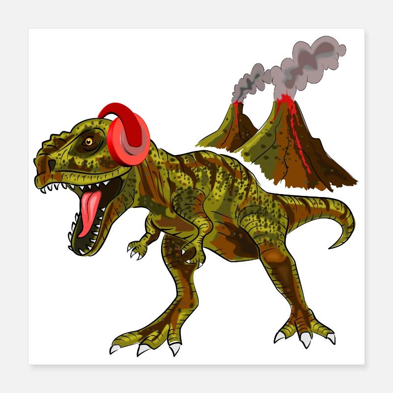 Dinosaure avec des écouteurs devant le volcan Poster 40 x 40 cm