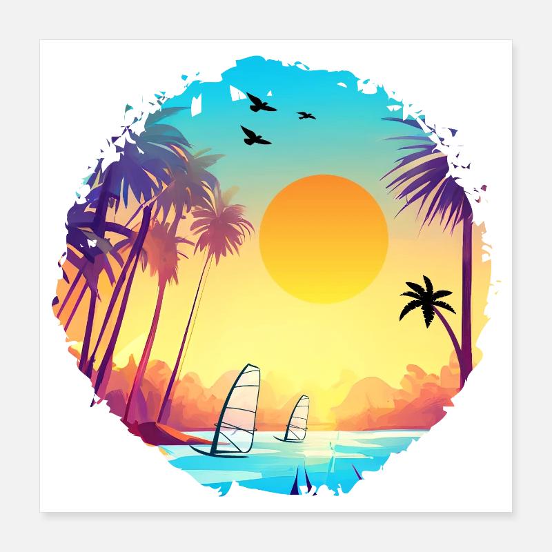 Aquarelle de plage de coucher de soleil d’été Poster 40 x 40 cm